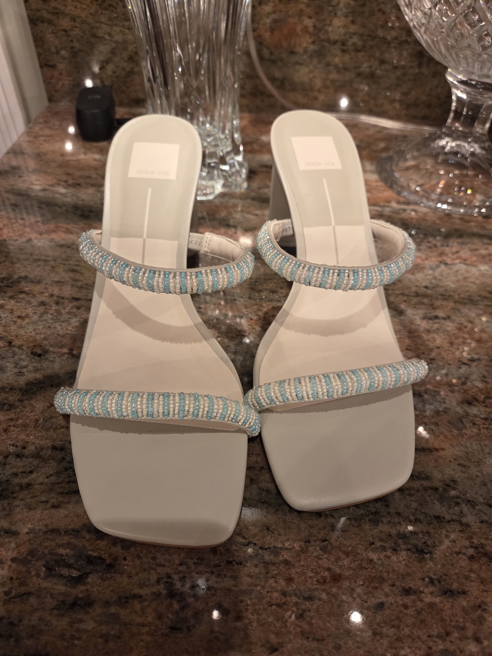 Beaded Double-Strap Aqua And White Heels